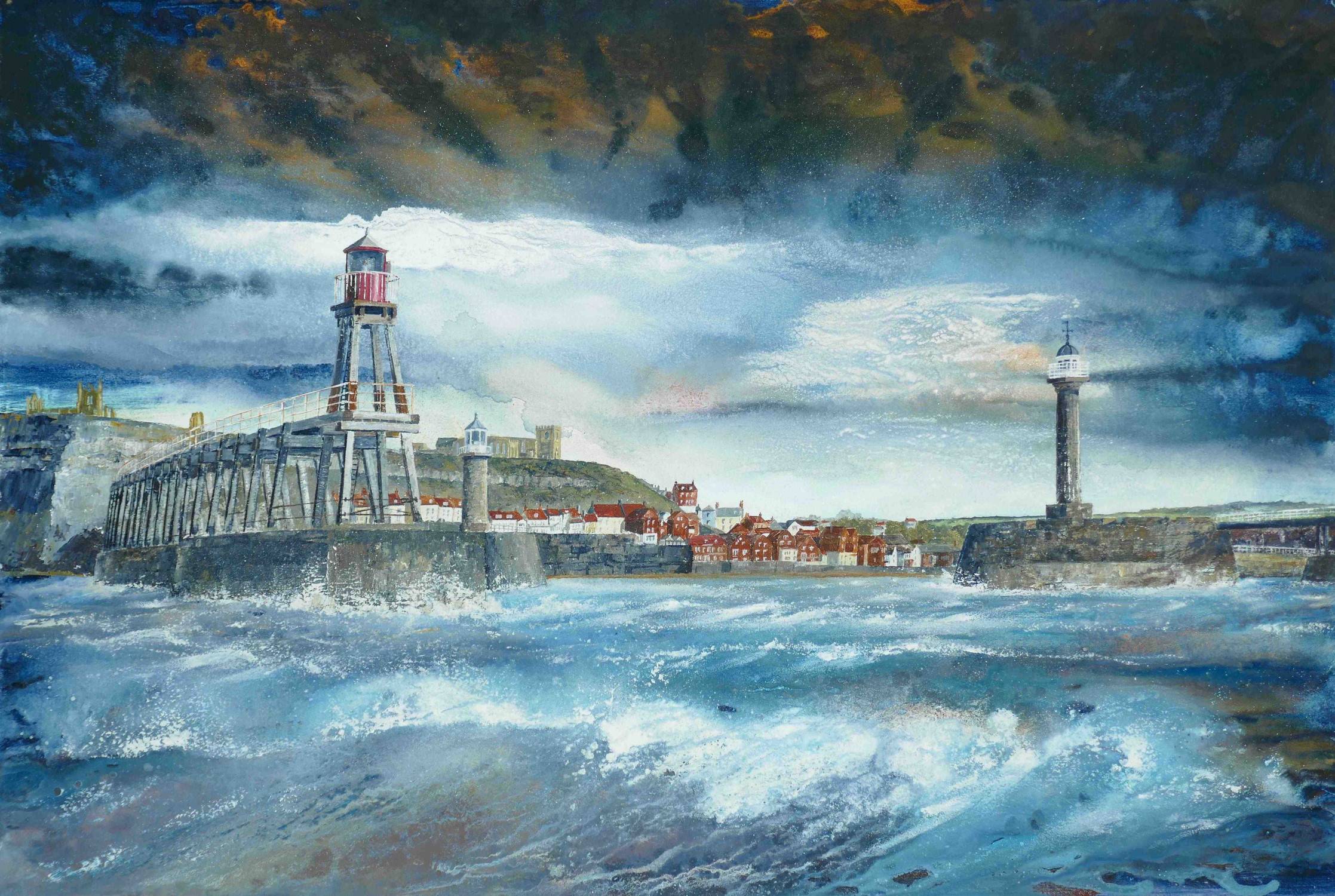 Breaking Waves, Whitby Piers. Print David Hume Paintings of Whitby
