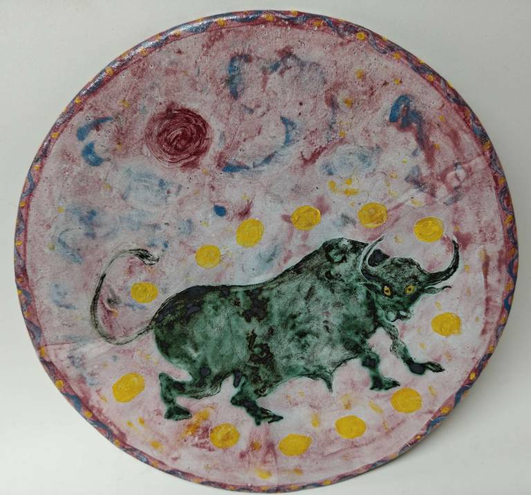 Bull with Pink sky, sun and many moons - Morag MacInnes