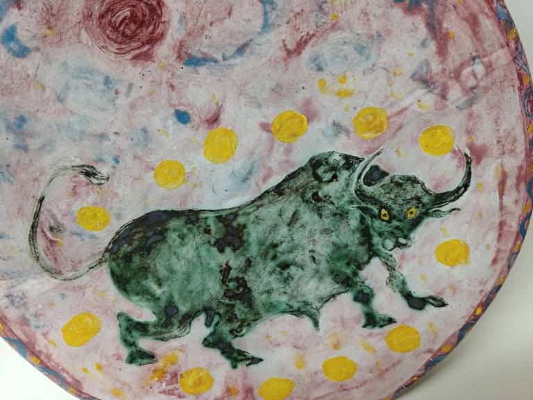 Bull with Pink sky, sun and many moons - Morag MacInnes