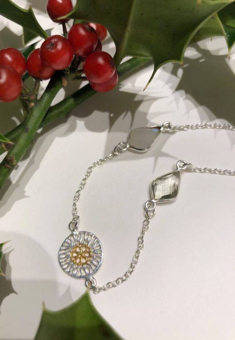 Green Amethyst and Moonstone with Filigree Disc Bracelet - Banyan  Silver Jewellery