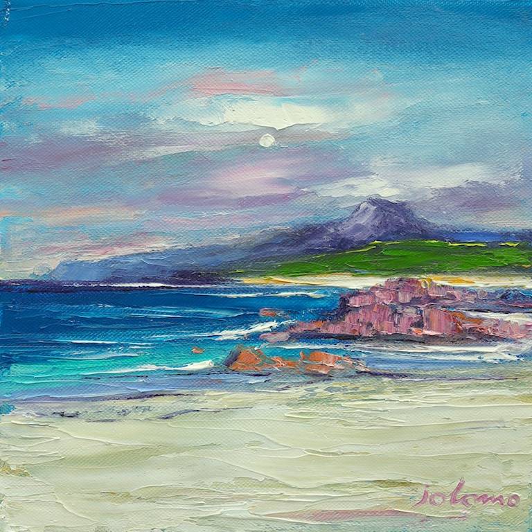 The pink rocks of Iona looking to Ben More         SOLD - John Lowrie Morrison OBE