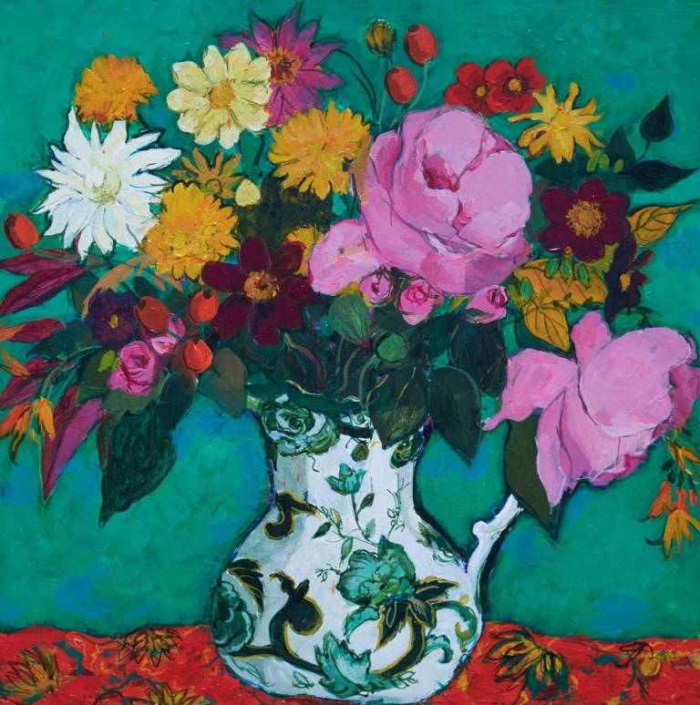 Roses and Dahlias in an Ironstone Vase