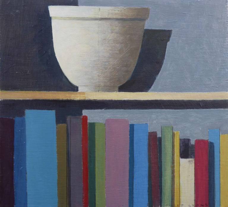 Shelves, Books, and White Bowl