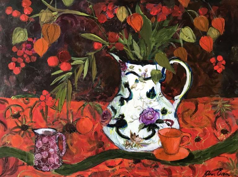 Ironstone Jug with Berries and Lantern
