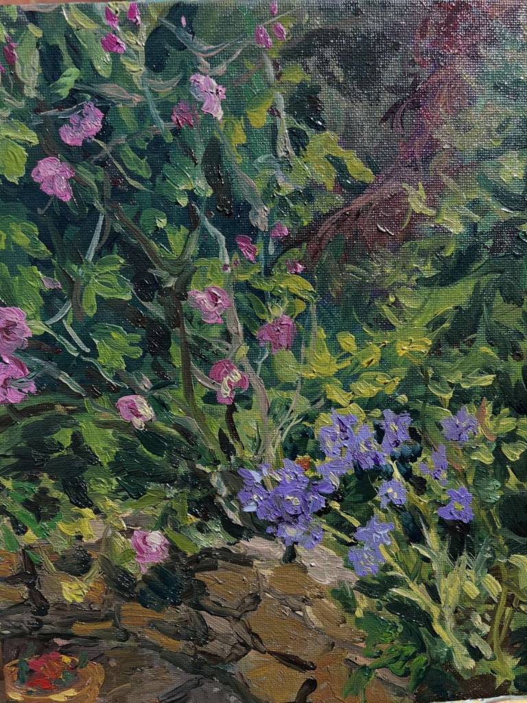 Pink Roses and Purple Campanula. Unframed - Sally Mole
