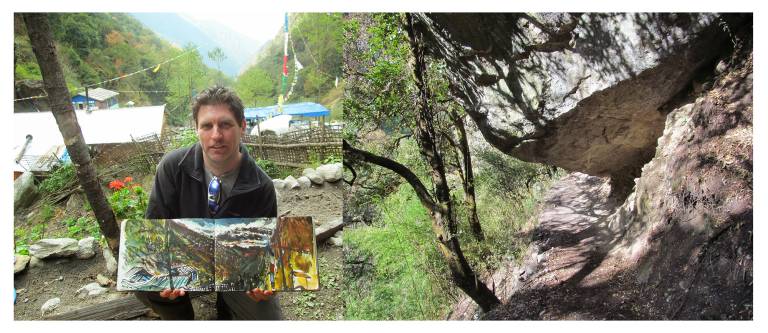 The Artist with his sketchbook at Bamboo Lodge and the trail near Sherpagoon - Neil Pittaway