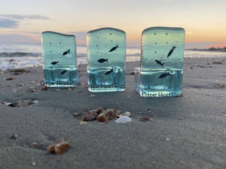 Blue Fish Tealight - Copper Heart Glass