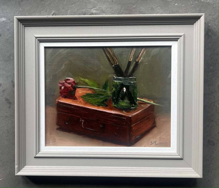 Antique Pochade Box, Green Glass & Red Rose - Sandy Morgan