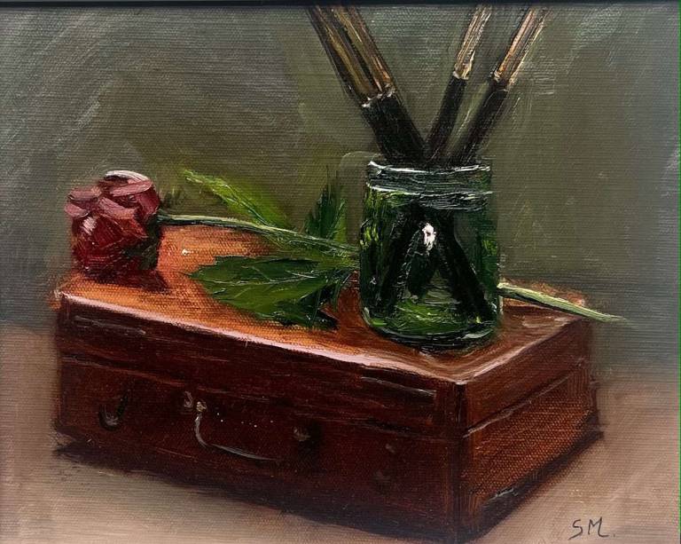 Antique Pochade Box, Green Glass & Red Rose - Sandy Morgan
