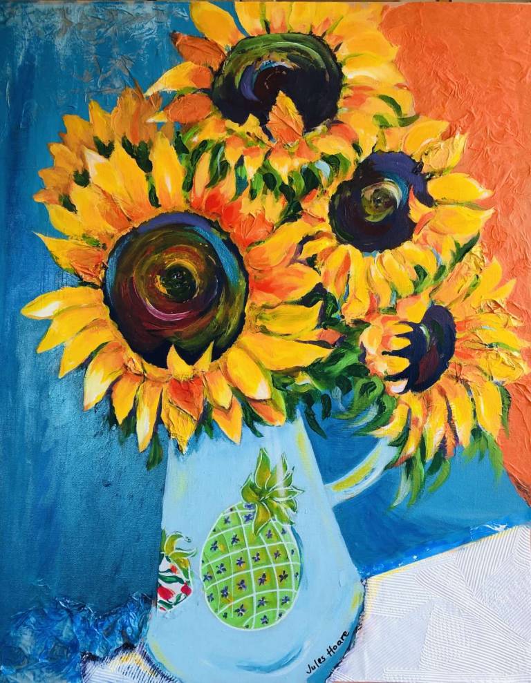 Sunflowers in blue jug - Jules Hoare