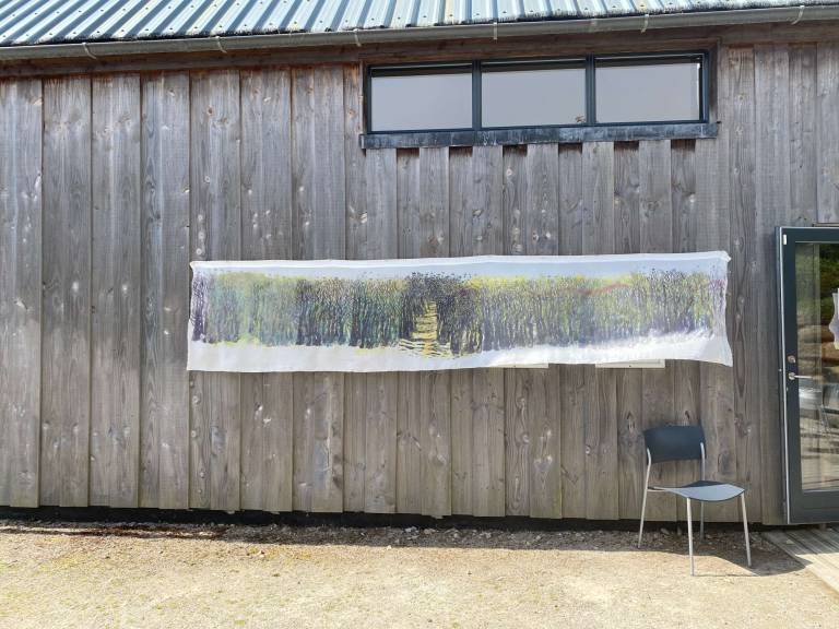 4 metre Woodcut on Silk. Exterior Gallery Hang - Lyn O'Neill