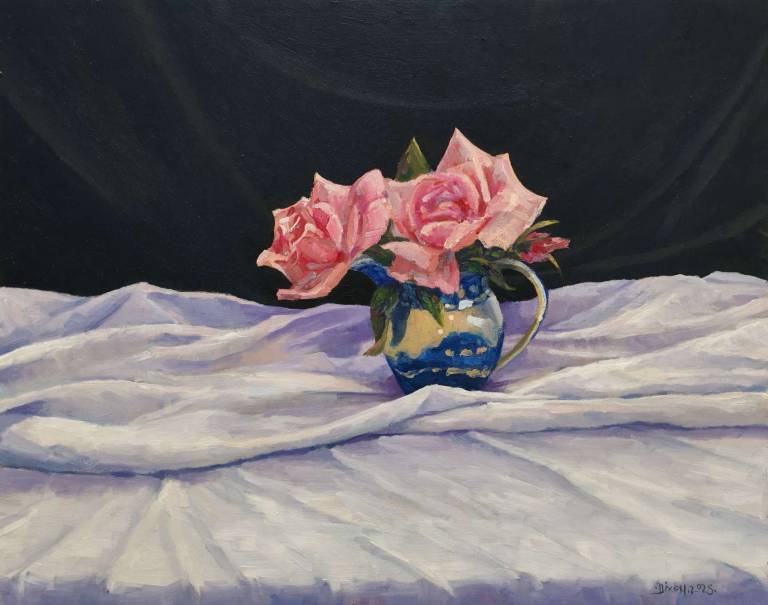 Sill life with roses on a white cloth. - Andrew Cochrane Dixon