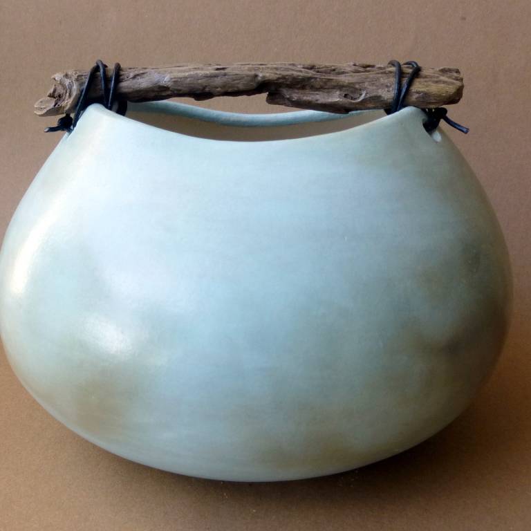 Blue Smoked Squat Pot with Driftwood