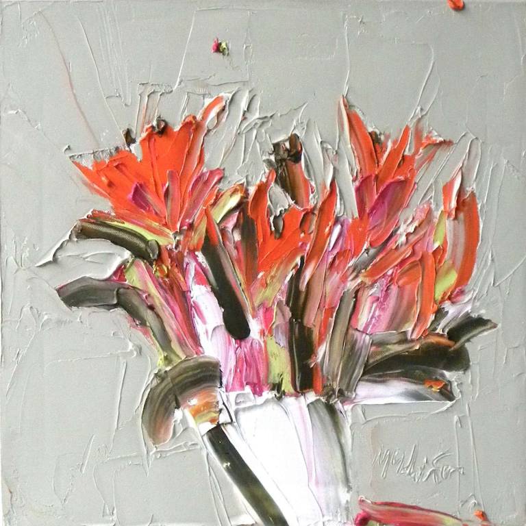 Cerise and Orange Lilies against Pale Umber